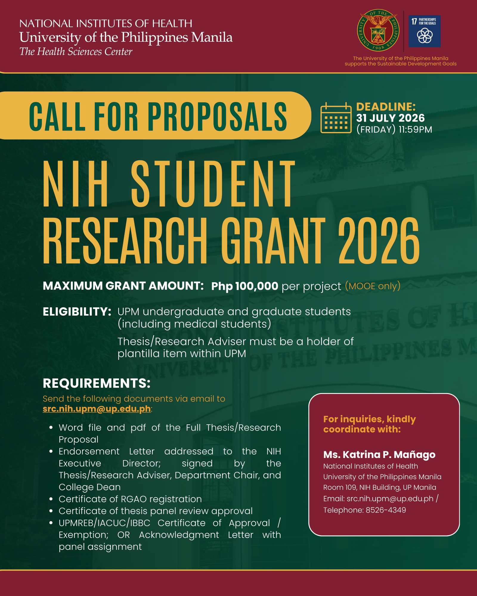 Call for Proposals: NIH Student Research Grant 2026